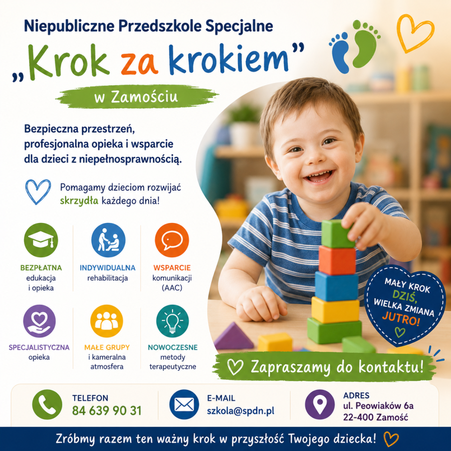 Zapisy na rok szkolny 2026/2027 w Zespole Niepublicznych Szkół Specjalnych „Krok za krokiem” w Zamościu! Czekamy na Twoje dziecko! 
